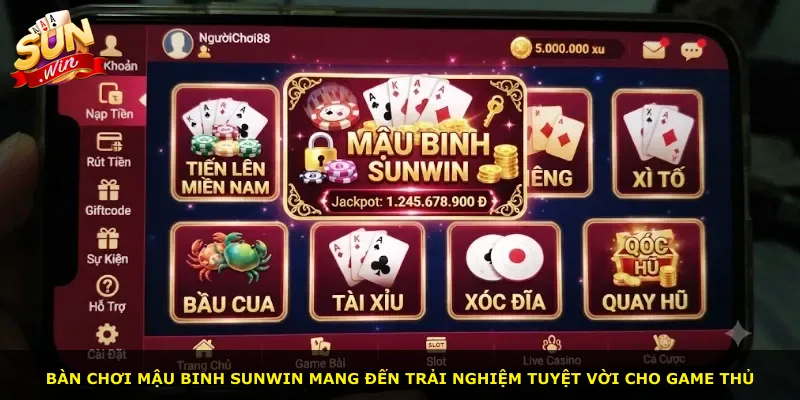 Bàn chơi Mậu Binh Sunwin mang đến trải nghiệm tuyệt vời cho game thủ